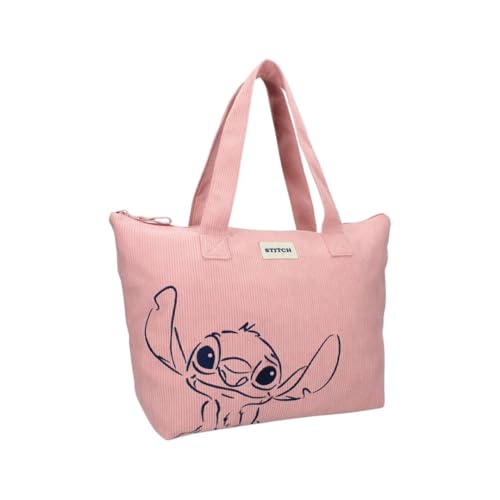 mybagstory - Sac Shopping en velours côtelé Stitch rose - Femme - Adolescente - Plage - Courses - Lycée - Collège - Taille 48 cm - Bretelles