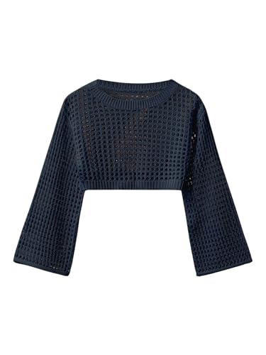 WDIRARA Girl's Round Neck Long Sleeve Hollow Out Sweater Sheer Pullovers Top