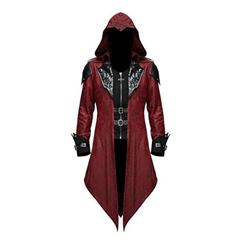 TMOYJPX Disfraz Medieval Hombre Halloween Victoriana Gótico Chaqueta con Capucha, Pantalla de Seda Disfraces Medievales para Adulto Carnaval Vintage (S, Rojo vino)