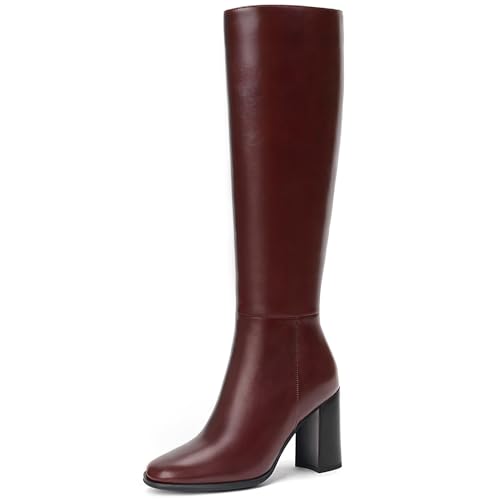 Lumeheel Burgundy Red Knee High Boots for Women - Round Toe Chunky Heel Wine Boots with Side Zip Fashion Tall Boots for Fall Winter Size 7.5