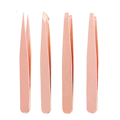EIAKE Tweezers Set 4-Piece Professional Stainless Steel Tweezer Precision Eyebrow and Splinter Ingrown Hair Removal Tweezer Slant Tip and Pointed Eyebrow Tweezer Set(Red)
