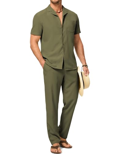 JMIERR Men Beach 2 Piece Outfit Matching Set Shirt Casual Loose Fit Lounge Sets Holiday Linen Pants, L, Green