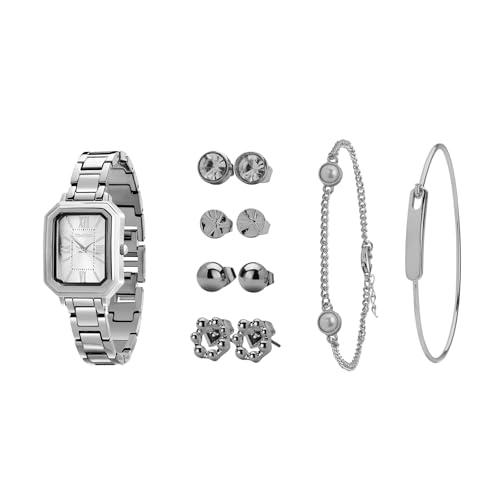 TIME100 Caja de Regalo Reloj Mujer Set Reloj Rectangular con Pulsera y Cadena, Caja Rosa con Cierre, Regalo Elegante para Mujer (Plateado)
