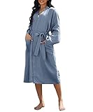 Amazhiyu Womens Pure Linen Mid Length Kimono Robes Lightweight Long Sleeve Bathrobe Denim, S-M