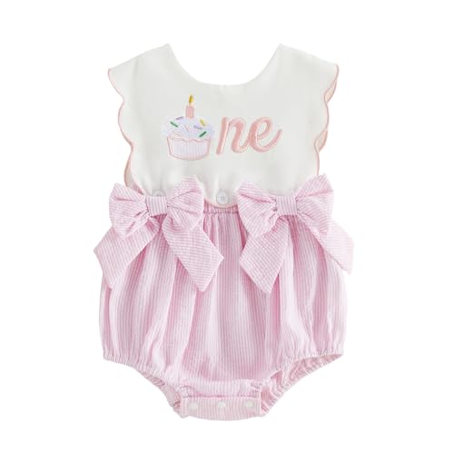 Lamuusaa Toddler Baby Girl Birthday Outfit One Cake/Ice Cream Embroidery Romper Bow Stripe Bodysuit Cake Smash Outfit (Pink 12-18 Months)