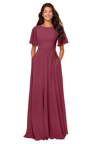 Image of petyoo Chiffon Flutter Sleeve Bridesmaid Dresses with Pockets Sash Long A Line Formal Dress