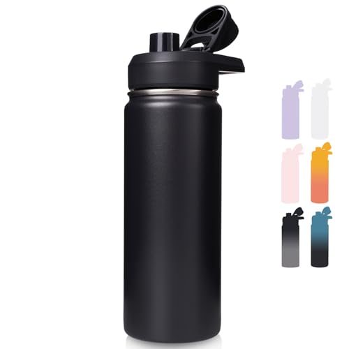 Image of Fijinhom Insulated Water Bottle with Handle, 304 Stainless Steel Water Bottles with Wide Mouth, Double Wall Vacuum Sports Water Bottle, BPA Free, Keep Cold and Hot, 18 Ounces, Black