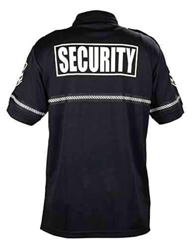 First Class Security Badge and Patch Bike Patrol Polo Shirt with Zipper Pocket and Reflective Hash Stripes (Medium, Black with White ID)