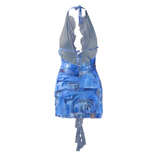 Women Sexy Halter Neck Floral Bodycon Mini Dress Backless Ruffle Layered Short Party Mesh Dress4