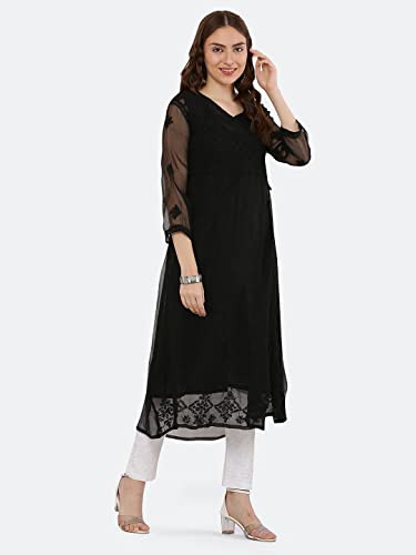 Image of FAWOMENT Ethnic Designer Angarkha A-Line Georgette Kurta with Exclusive Hand Embroidered Lucknowi Chikankari for Women