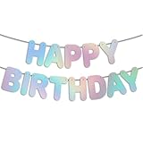 JunyRuny Pre-Strung Happy Birthday Banner Iridescent Banner, Holographic Shiny Foil Retro Disco Birthday Party Decorations & Decor for Women & Men & Boy & Girl, Happy Birthday Backdrop/Sign