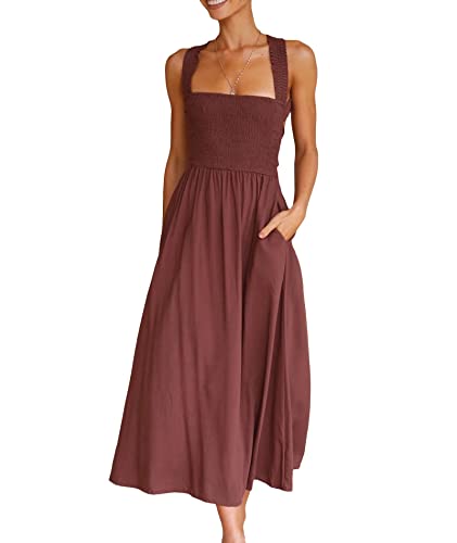 Image of Sexyshine Women's Square Neck Halter Lace Up Criss Cross Maxi Dress Tie Back Sleeveless Smocked Ruched A Line Dress