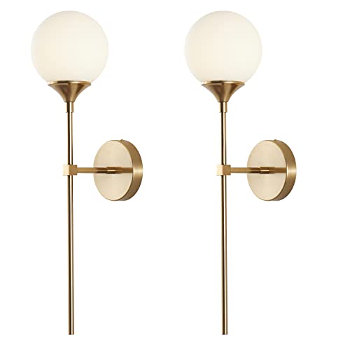 Image of KCO Mid-Century Modern Wall Mounted Sconces Set of 2 Brushed Gold Globe Vanity Light Fixture Long Arm Industrial Bathroom Lighting Fixtures Over Mirror (White)
