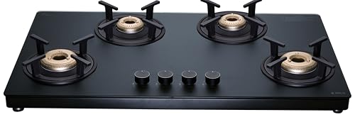 Image of Elica 90cm 4 Burner Gas Stove with Matt Finish Toughened Glass Top | Heavy-Duty Forged Brass Burners | Premium Metallic Knobs | 10 Yr Burner & 5 Yr Glass Warranty | MATT TKN 904 CT VETRO 2J BK | Black