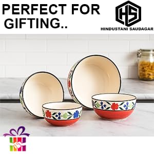 Image of HS Hindustani SAUDAGR Bloomberry Harmony Multi Size Ceramic Bowls 1000 ML, 750 ML, 500 ML and 350 ML, Set of 4 Microwave Safe Bowls katori Ideal for Snacks Rice dal Desserts and Gifting.