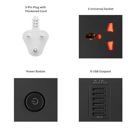 Image of Extension Board, Power Strip with 6 USB Ports and 3 Universal Socket, 2500W 10A Extension Cord, 3-Pin Surge Protector Power Strip for Home, Office, Computer, Mobile Charging (White-Z64)