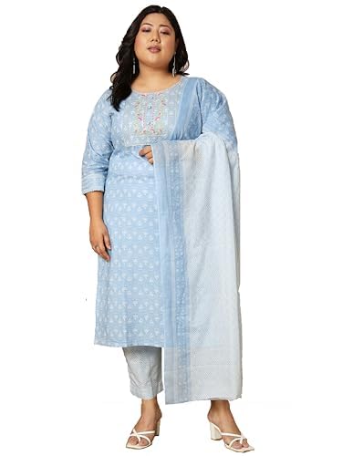 Image of Vbuyz Women's Printed & sequience work A-line Cotton Pink Kurta Pant With Dupatta