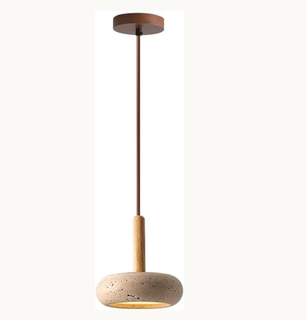 Modern Travertine Pendant Light with Wood Accent, Natural Stone Shade, 15cm Diameter, Adjustable Height, LED Hanging Lamp for Kitchen Island and Dining Room