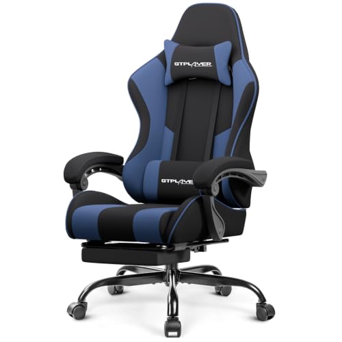 Image of GTPLAYER Gaming Chair, Computer Chair with Footrest and Lumbar Support, Height Adjustable Game Chair with 360-Swivel Seat and Headrest and for Office or Gaming (Blue, Fabric)