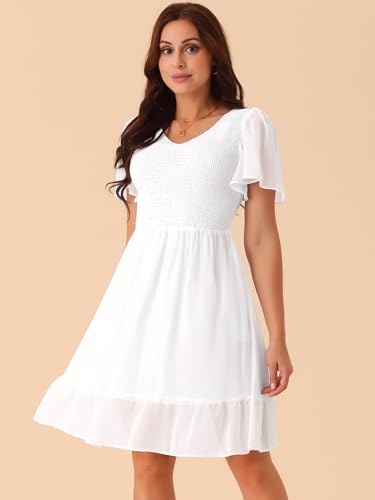 Image of Seta T Women's Summer Chiffon Dresses Smocked V Neck Flutter Short Sleeve Flowy Casual Dress with Pockets