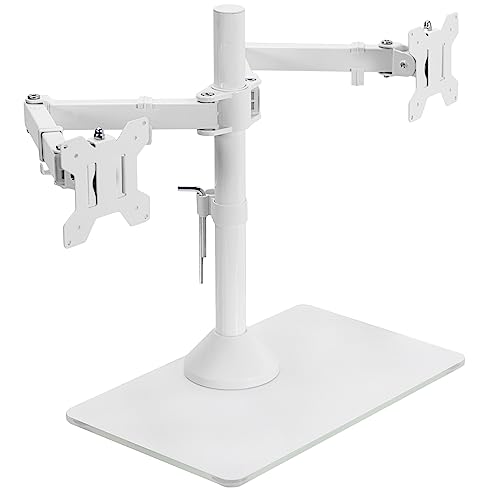 VIVO Freestanding Dual Monitor Stand with Sleek Glass Base and Adjustable Arms, Mounts 2 Screens up to 32 inch and 22 lbs Each, White, STAND-V002FGW