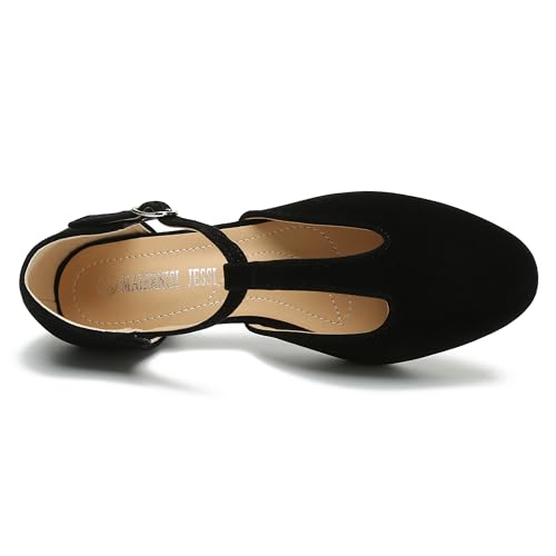 Image of MAIERNISI JESSI Women's T-Strap Mary Jane Pumps, Low Block Heel, Closed Toe, Buckle Ankle Strap