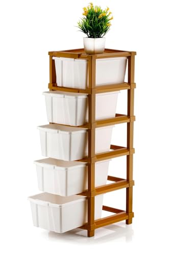 Image of 5 XL Plastic Modular Drawer System for Home, Office, Hospital, Parlor, School, Doctors, Home and Kids, Product Dimension When Asembeled (28Cmx35Cmx87Cm) (White Brown, 5XL)