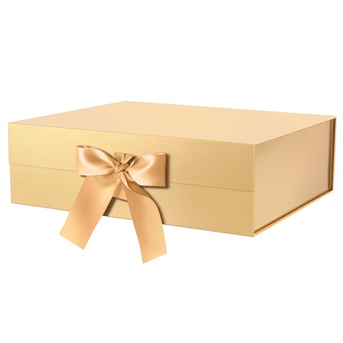 GREEN BEAN Extra Large Gift Box with Lid for Present 16.3x14.2x5 Inches, Gold Magnetic Gift Box with Ribbon, Bridesmaid Proposal Gifts Box (Glossy Gold)