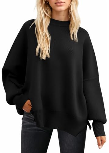 Image of oversized batwing sweaters for women crewneck side slit ribbed knit pullover trendy tops