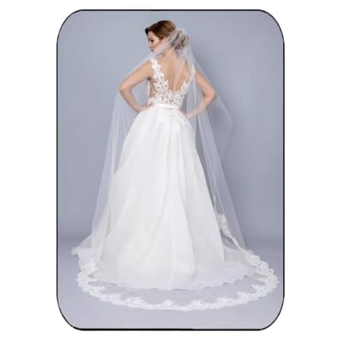 Unsutuo Lace Applique Bride Wedding Veil 1 Tier Short Fingertip Bridal Tulle Veil with Comb for Women and Girls (L:118",W:59", Ivory) Cover