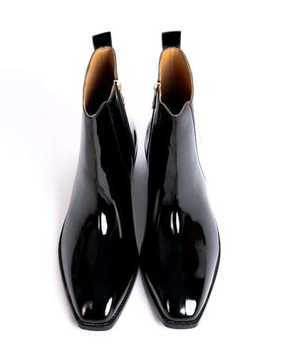 Image of LOZANO Italian Cut Black Patent Leather Chelsea Boots for Men | High Ankle Cuban Heel Square Toe Zip Closure Cushioned Insole Boot