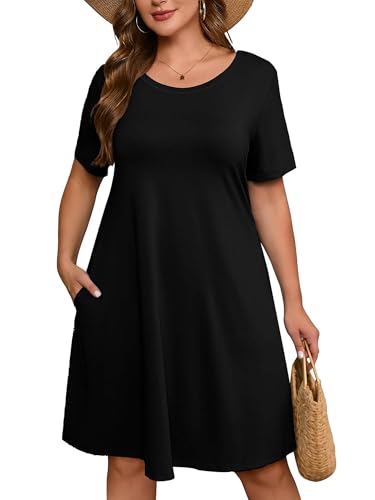 Image of AusLook Plus Size Midi Dress for Women Loose V Neck Short Sleeve Summer Casual A Line T Shirt Sundresses with Pockets 1X-5X