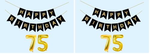 Image of Mystic Toy Store 75th Happy Birthday Decoration Kit Black for 75 year Old Men Women Adults with Number Seventy-five Party Decorations Decor Celebration Items Item Set Combo Reusable Paper Banner
