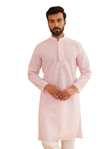 Image of SOJANYA (Since 1958 Men's Cotton Long Kurta with Geometric Embroidery - Straight Fit Diwali Festival Ethnic Outfit