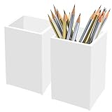 White Acrylic Pencil Pen Holder Cup 2 Pack,Desk Accessories Holder,Makeup Brush Storage Organizer,Modern Design Desktop Stationery Organizer for Office School Home Supplies,2.6x 2.6x 4 inches