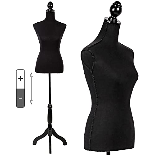 Maniquí Torso Mannequin Stand Vestido Forma 60-67 Altura Ajustable Maniquins Cuerpo Femenino, Exhibiciones Mujeres para coser Base de trípode de madera, Cuerpo de espuma (negro)