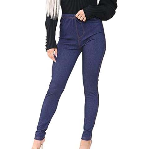 Crazy Fashion Womens Stretchy Denim Look Skinny Jeggings Jeans Legging Ladies Stretchy Cotton Trouser Smart Casual High Rise Elasticated Waist Pull On Leggings Plus Size UK Blue 20-22 Cover