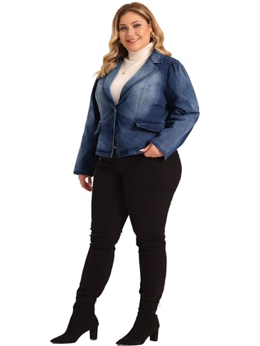 Agnes Orinda Plus Size Denim Jackets for Women Jean Lapel Long Sleeve Casual Work Blazer3
