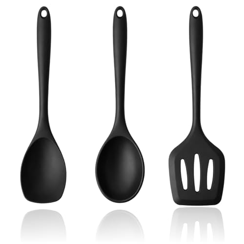 3 Piezas Utensilios de Cocina de Silicona Resistentes al Calor de 27,5 cm, Incluye Espátula, Cucharas, para Mezclar, Servir y Cocinar sin Rayar Ollas, Utensilios de Cocina de Silicona