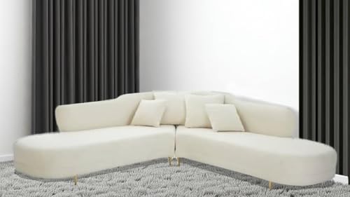 Image of Modern Futuristic J- Style Curved Velvet Sofa, Sectional Sofa Round Arm with Soft Pillow for Living Room, Bedroom, Hallways (Cream)