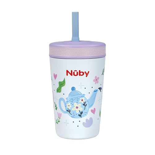 Nuby Thirsty Kids Flexstraw Stainless Steel Insulated Toddler Cup with Leak-Resistant Silicone Straw, Easy-Clean Valve & 12 oz Capacity – Travel Cup with Fun Prints, Tea Pots