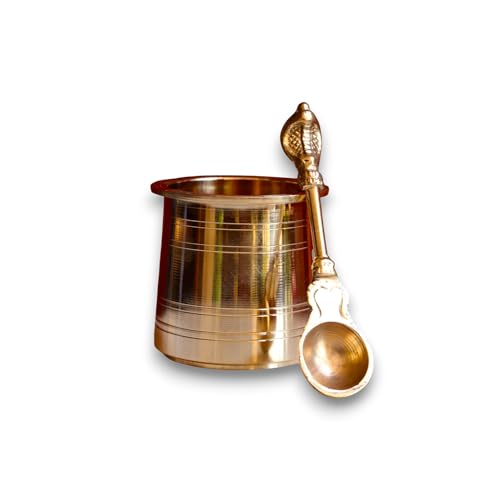 Image of Brass Heavy Embossed Panchapatra Udharini Set Snake Head Design Udarini | Pooja Accessory for Home, Office Temple | Pooja Glass and Spoon for Charnamrit | Height : 2.5 Inch | Weight : 190 gm