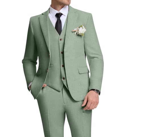 Linen Suit for Men Casual Slim Fit Vintage Suits Groomsmen Suits Wedding Summer Beach Blazer Vest Pants Set