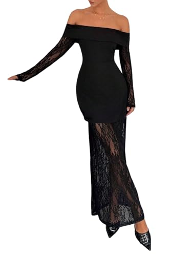 SweatyRocks Maxikleid Damen Elegant Kleider Hochzeitsgast Herbstkleid Off Shoulder Kleid Mit Spitze Langarm Kleid Lange Abendkleider Spitzenkleid...