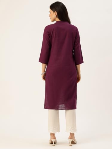 Image of feranoid Women's Plain Cotton Kurta with Mandarin Collar, 3 /4 Sleeves & Pocket