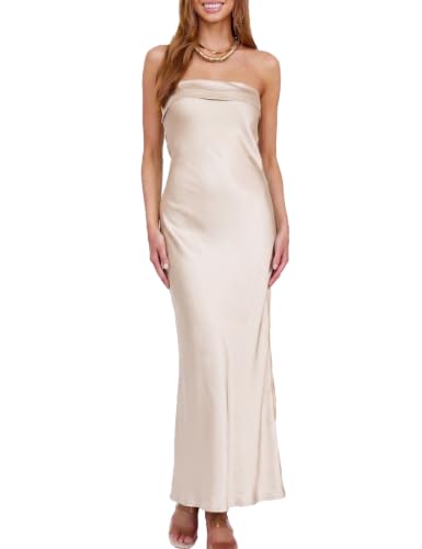 Image of Realtix Summer Satin Strapless Backless Maxi Dress for Women Wedding Guest