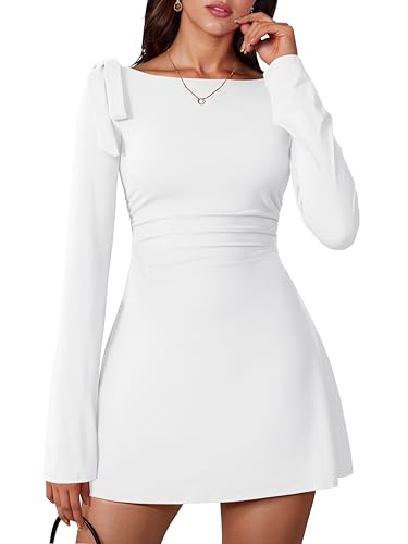 Aprilake Womens Long Sleeve Boat Neck Bodycon Ruched Elegant Bow Tie Party Mini Dress White