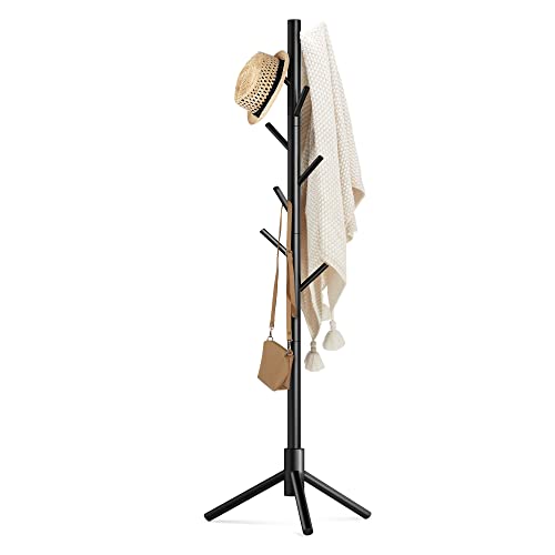Haddockway Wooden Coat Rack Stand with 8 Hooks New Zealand Pine 3 Adjustable Coat Standing Tree Easy Assembly for Coats, Hats, Scarves and Handbags for Entryway, Hallway, Bedroom, Office