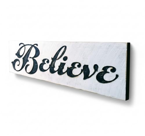 Believe Sign - Carved in Solid Wood | Rustic Distressed Finish | Farmhouse Vintage Style | Christmas Decoration | Handmade in NC