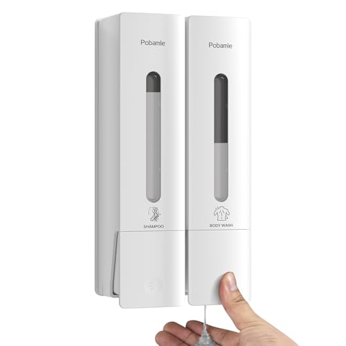 Pobamle shower soap dispenser wall mounted no drill shampoo and conditioner dispenser 2 chamber white